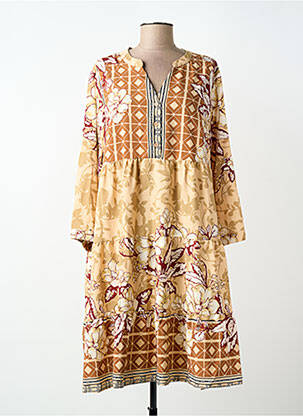 Robe mi-longue imprimé fantaisie manches longues beige WORLD FASHION femme
