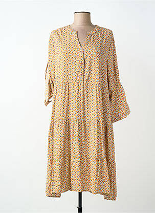 Robe mi-longue imprimé fantaisie manches longues jaune WORLD FASHION femme