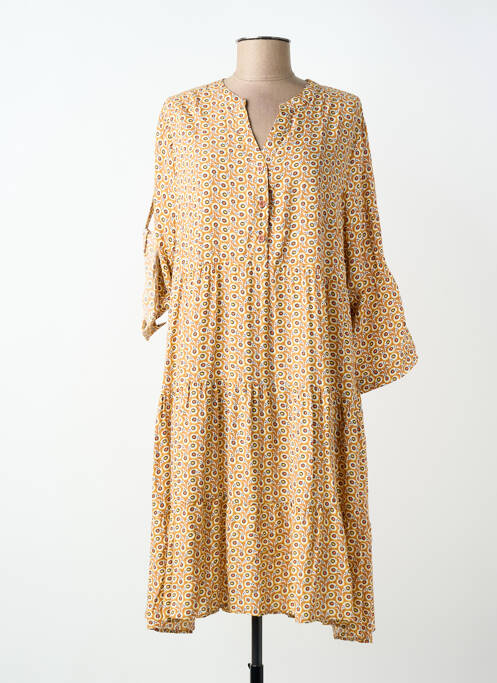 Robe mi-longue imprimé fantaisie manches longues jaune WORLD FASHION femme