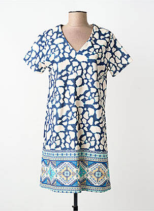 Robe mi-longue imprimé fantaisie manches courtes bleu MADE IN ITALY femme