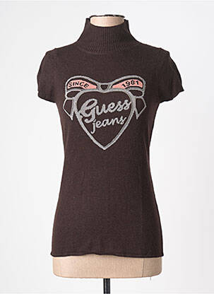 Pull col roulé coupe cintrée manches courtes marron GUESS femme