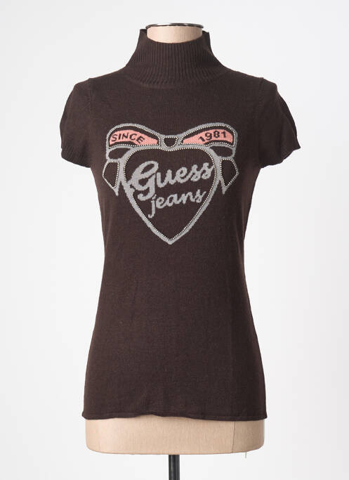 Pull col roulé stretch manches courtes marron GUESS femme