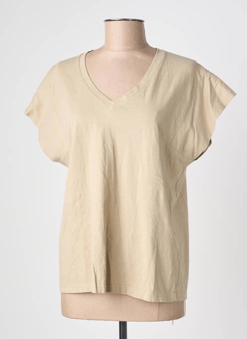 T-shirt col v manches courtes beige BLANC BOHEME femme