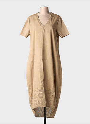 Robe mi-longue manches courtes manches courtes marron BLANC BOHEME femme