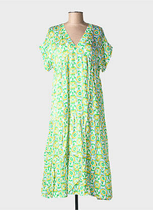 Robe mi-longue imprimé fleurs manches courtes vert BLANC BOHEME femme
