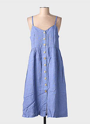 Robe mi-longue tissage crêpe fines bretelles bleu BLANC BOHEME femme
