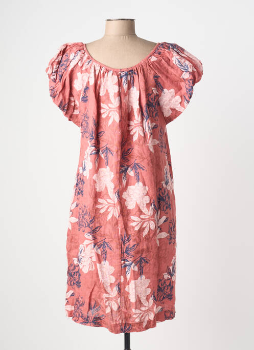 Robe mi-longue imprimé fleurs manches courtes rose BLANC BOHEME femme