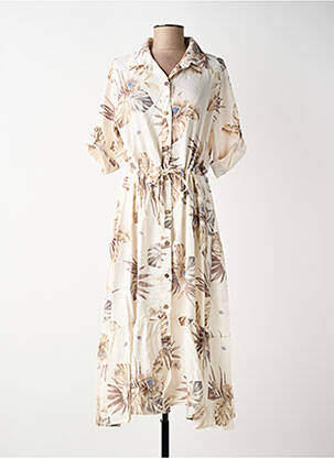 Robe mi-longue tissage crêpe manches courtes beige BLANC BOHEME femme