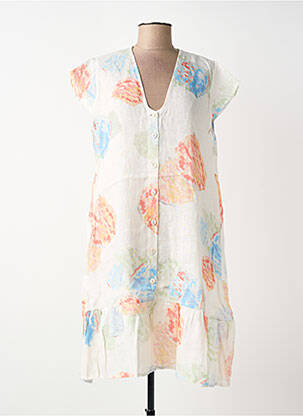 Robe mi-longue imprimé fleurs manches courtes beige BLANC BOHEME femme