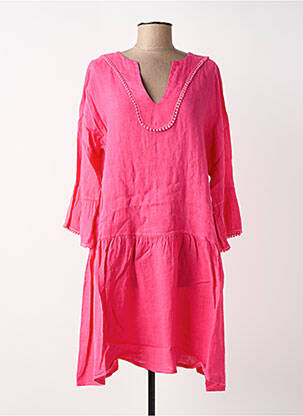 Robe mi-longue tissage crêpe manches longues rose BLANC BOHEME femme
