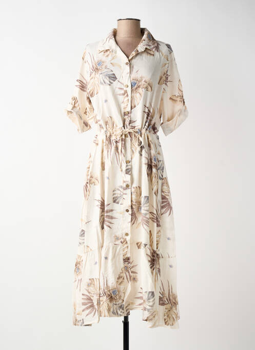 Robe mi-longue tissage crêpe manches courtes beige BLANC BOHEME femme