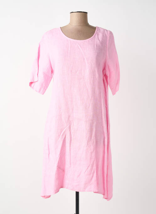 Robe mi-longue tissage crêpe manches courtes rose BLANC BOHEME femme