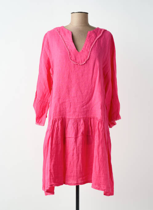 Robe mi-longue manches 3/4 manches 3/4 rose BLANC BOHEME femme