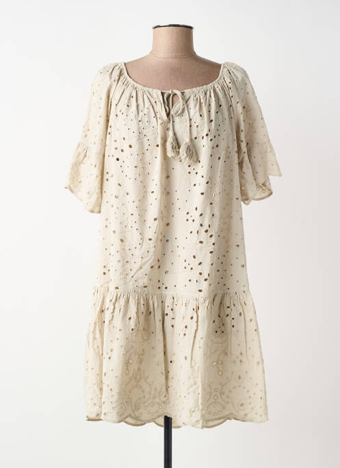 Robe courte coupe évasée manches courtes beige BLANC BOHEME femme