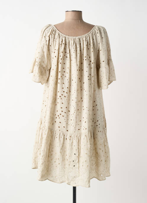Robe courte coupe évasée manches courtes beige BLANC BOHEME femme