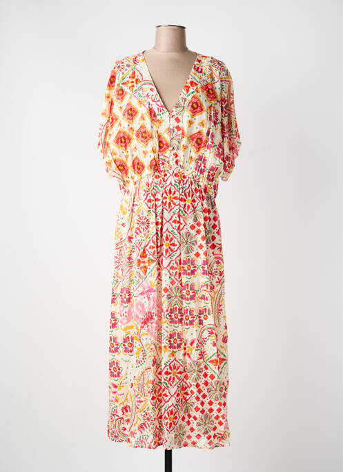 Robe longue imprimé fantaisie manches courtes beige C'EST BEAU LA VIE femme