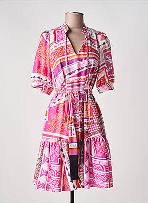 Robe mi-longue imprimé fantaisie manches courtes rose LESLIE femme