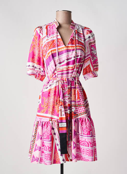 Robe mi-longue imprimé fantaisie manches courtes rose LESLIE femme