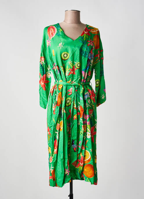 Robe mi-longue imprimé fantaisie manches longues vert YESS. femme