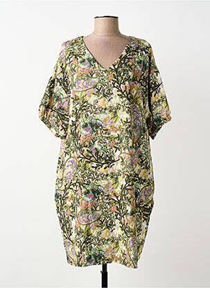 Robe mi-longue imprimé fantaisie manches courtes vert MALOKA femme