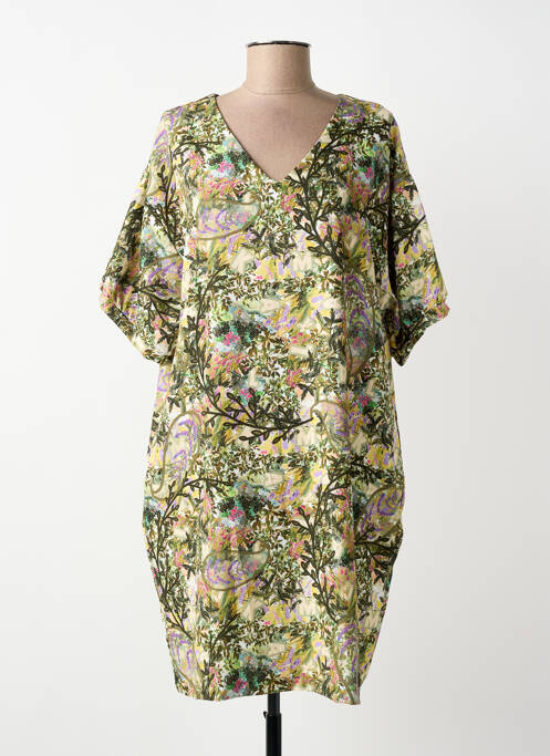 Robe mi-longue imprimé fantaisie manches courtes vert MALOKA femme