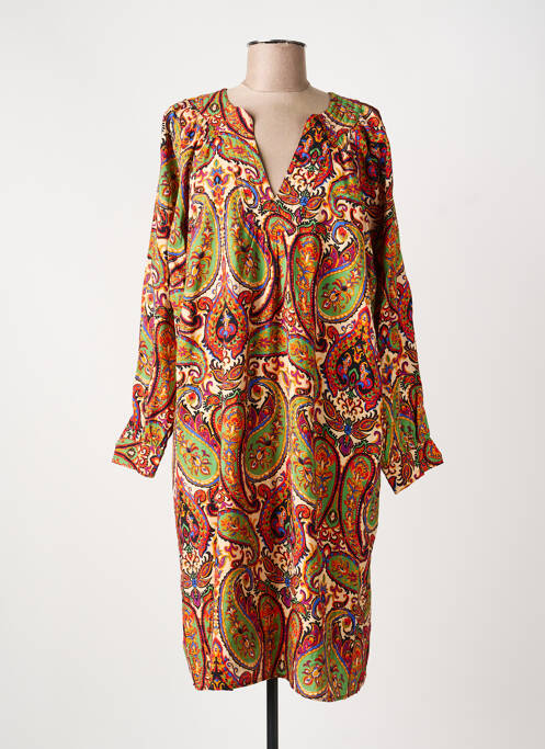 Robe mi-longue imprimé fantaisie manches longues vert ORFEO femme