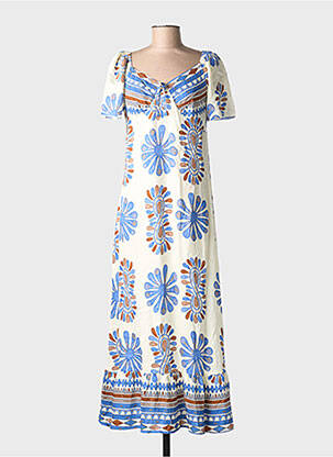 Robe longue tissage popeline manches courtes bleu C'FLO femme