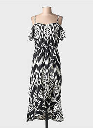 Robe mi-longue imprimé fantaisie fines bretelles noir C'FLO femme