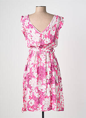 Robe mi-longue imprimé fleurs manches courtes rose C'FLO femme