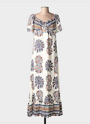 Robe longue imprimé fantaisie manches courtes blanc C'FLO femme