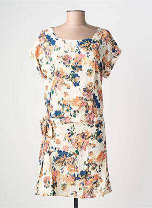 Robe mi-longue imprimé fleurs manches courtes beige VIC VIA femme