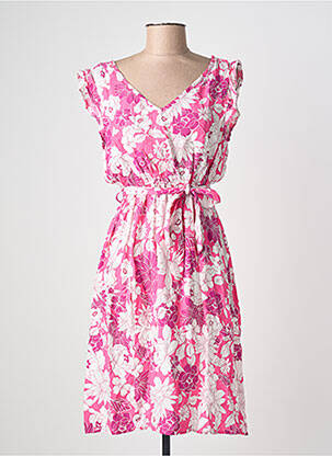 Robe mi-longue imprimé fleurs manches courtes rose C'FLO femme