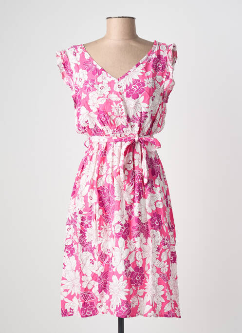 Robe mi-longue imprimé fleurs manches courtes rose C'FLO femme
