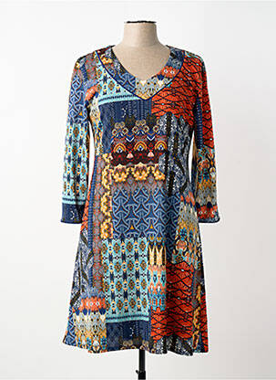 Robe mi-longue imprimé fantaisie manches longues bleu GEVANA femme