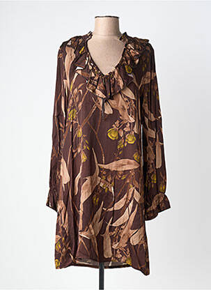 Robe mi-longue imprimé fantaisie manches longues marron LUMA femme