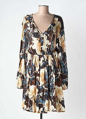 Robe mi-longue imprimé fantaisie manches longues marron LUMA femme