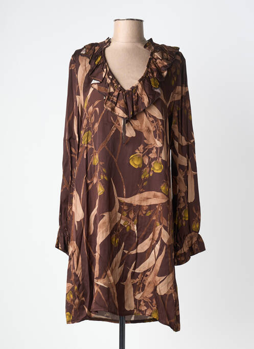 Robe mi-longue imprimé fantaisie manches longues marron LUMA femme