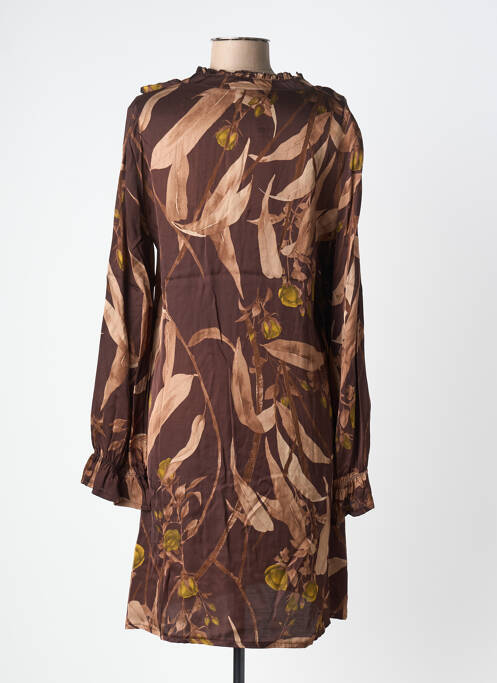 Robe mi-longue imprimé fantaisie manches longues marron LUMA femme