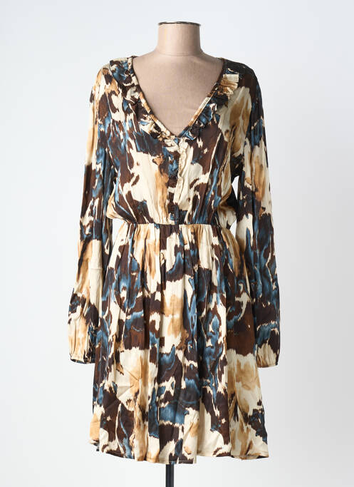 Robe mi-longue imprimé fantaisie manches longues marron LUMA femme