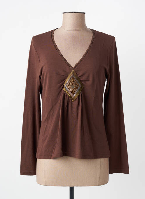 Top tissage jersey manches longues marron MASSANA femme