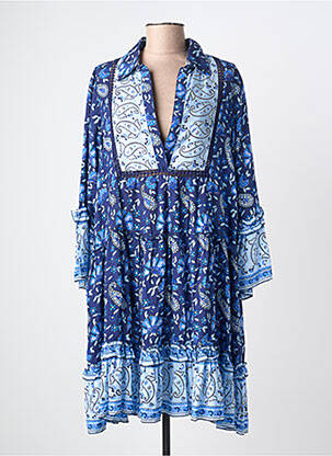 Robe mi-longue tissage popeline manches longues bleu MISS JUNE femme