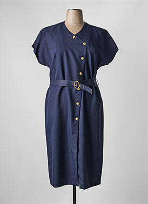 Robe mi-longue tissage crêpe manches courtes bleu FRANCE RIVOIRE femme