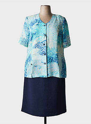 Robe mi-longue imprimé fantaisie manches courtes bleu FRANCE RIVOIRE femme
