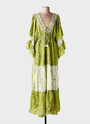 Robe longue col v manches 3/4 vert GOLDEN DAYS femme