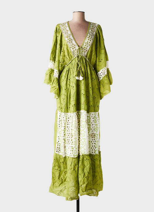 Robe longue col v manches 3/4 vert GOLDEN DAYS femme