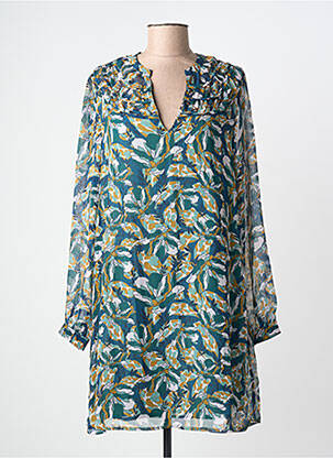 Robe mi-longue imprimé fleurs manches longues vert AN' GE femme