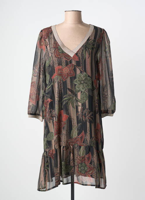 Robe mi-longue imprimé fleurs manches 3/4 noir LA FEE MARABOUTEE femme