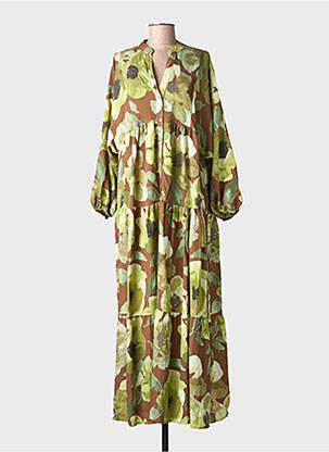 Robe longue imprimé fantaisie manches longues vert ASHILDA femme