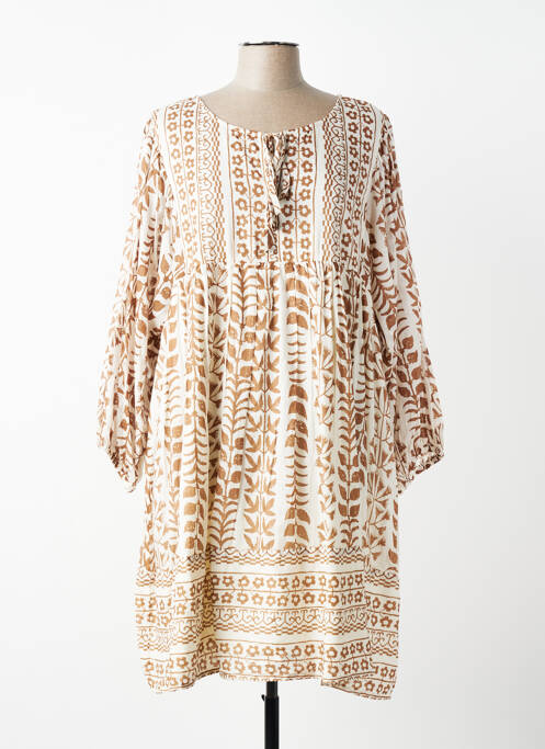 Robe mi-longue imprimé fantaisie manches longues beige VANIA femme