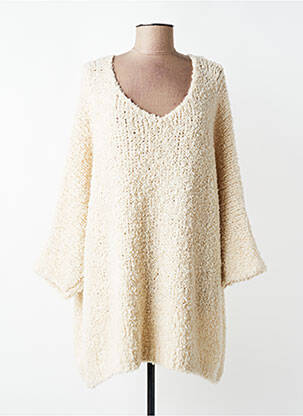 Pull tunique maille ajourée manches longues beige MADE IN ITALY femme